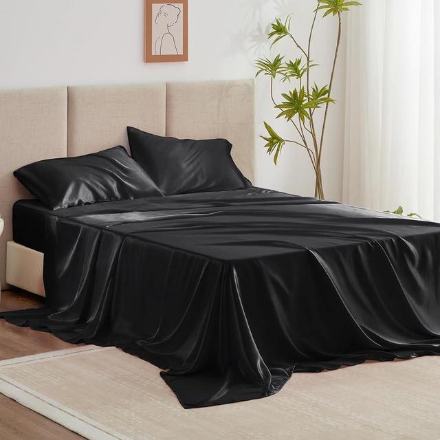 Love's cabin Satin Queen Sheets Set - 4 Piece Black Silky Satin Bed Sheets Queen Set with Deep Pocket, Luxury Silk Feel Satin Queen Size Sheet Set (1 Flat Sheet,1 Fitted Sheet,2 Pillow Cases)