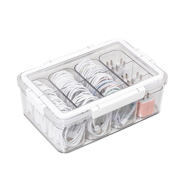 GOXITAX Large Cable Storage Box with Lid, Plastic Power Cords Organizer for Desk Drawer, Clear Home Office Container for Cell Phone Charger, Art Crafts and Stationery
