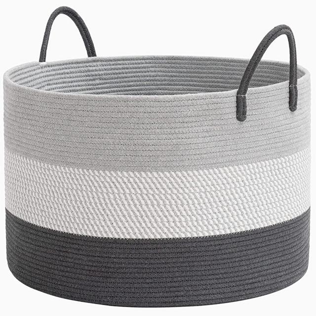 HiChen XXL Large Blanket Basket with Handles, Woven Rope Storage Basket for Toys, Towels, Baby Nursery Laundry Basket, Decorative Gift Basket, Nursery Hamper Storage Bin, 21.7 x 13.8 inches, 83L, Grey