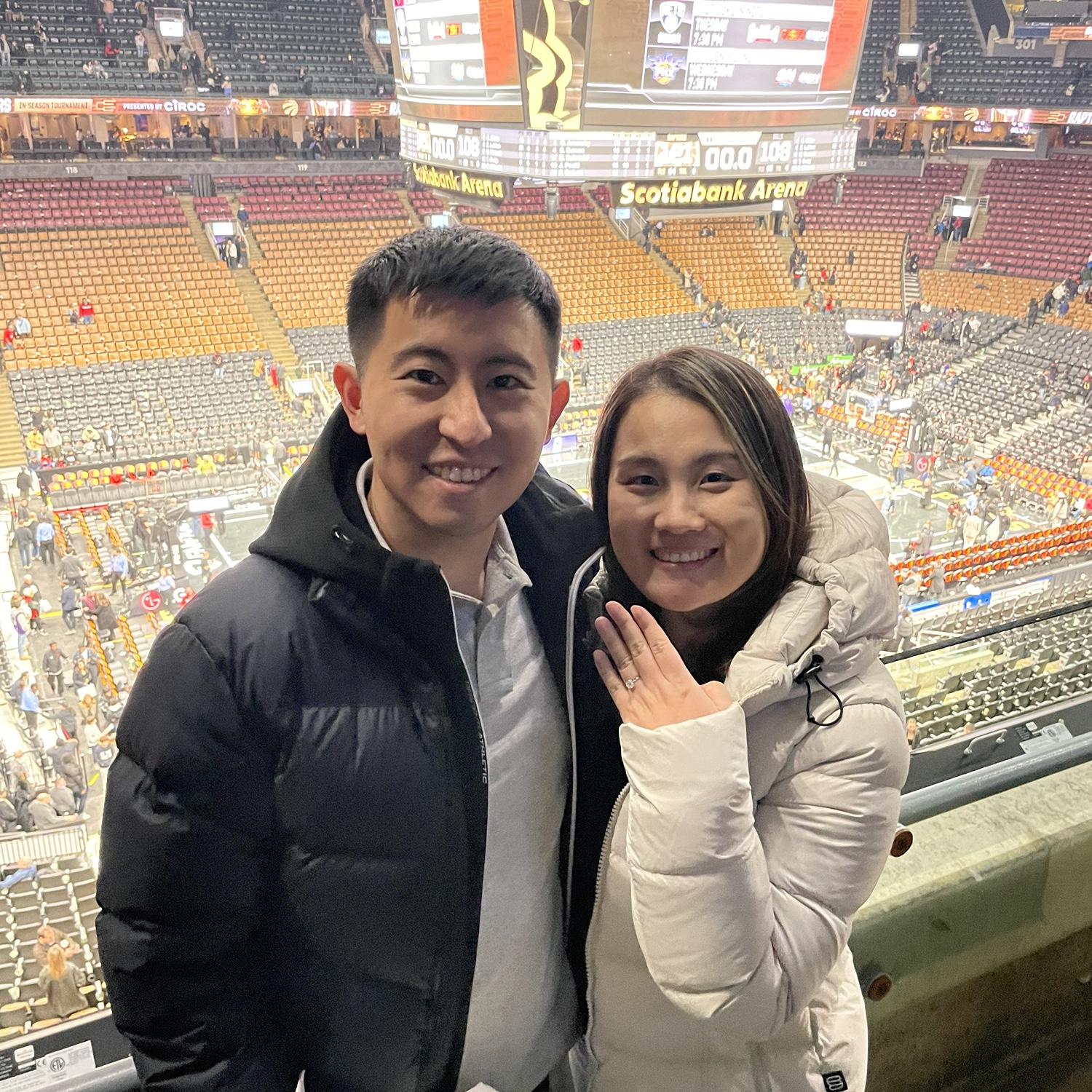 We went to the Bulls vs. Raptors game right after we got engaged. 订婚后我们去看了NBA公牛队对阵猛龙队的比赛。