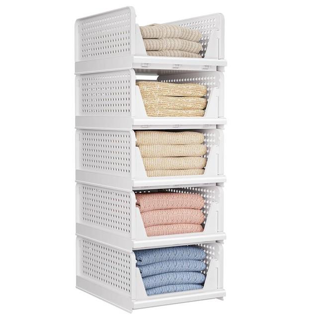 CTSNSLH 5 Pack Folding Closet Organizers Storage Box, Stackable Storage Bins, Plastic Drawer Basket Closet Storage for Wardrobe Cupboard Kitchen Bathroom Office White-5L