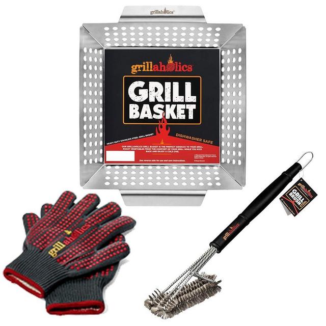 Grillaholics Grill Basket + Grillaholics Grill Gloves + Grillaholics Essentials Steel Grill Brush Bundle