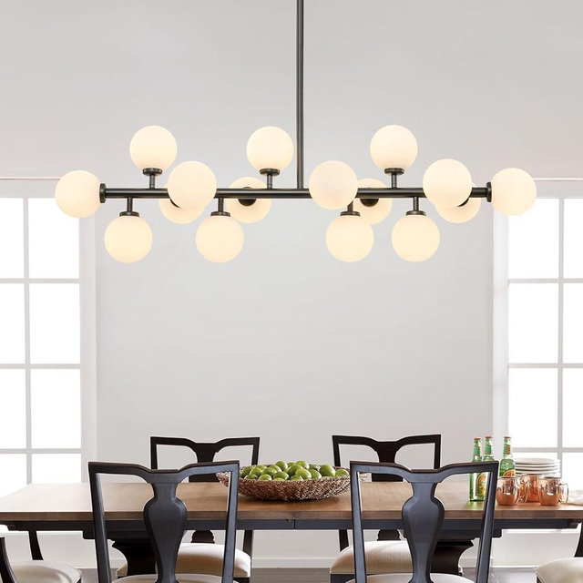 16-Light Mid Century Modern Chandelier: 39.4" Black Linear Sputnik Chandeliers - Milk White Glass Globe Dining Room Light Fixture - Long Modern Pendant Chandelier for Living Room Kitchen Island Table