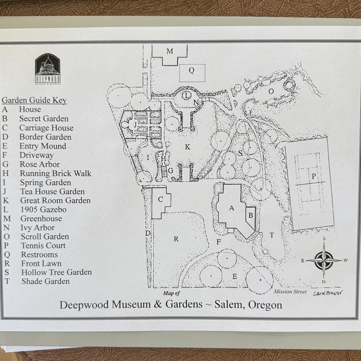Map of Deepwood Gardens: Social Hour in I - Spring Garden, Lawn games in R - Front Lawn, Drinks in J - Spring Garden, Dinner served in K - Great Room Garden, Ceremony in O - Scroll Garden