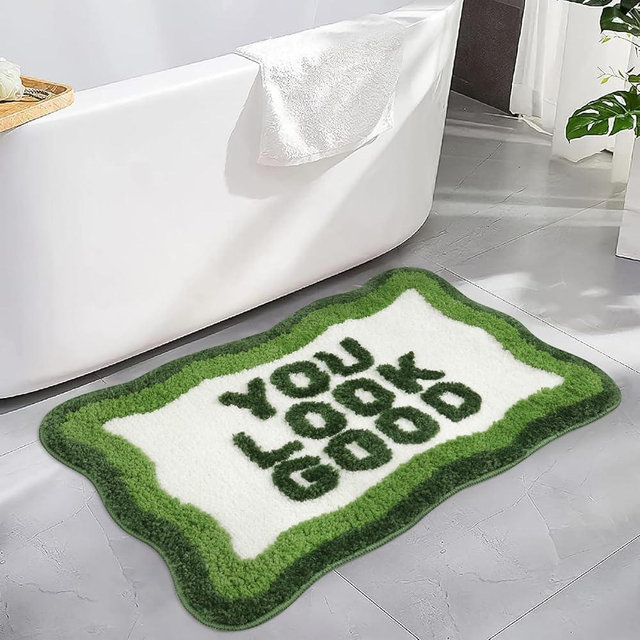 HAOCOO You Look Good Bath Mat Green Bathroom Rug, Soft Non Slip Irregular Shaped Cute Bath Mat for Bathroom, Microfiber Absorbent Washable Bathmat Shower Rug for Bathroom Sink Tub Shower
