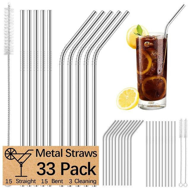 33 Pack of metal straws reusable,15 Straight +15 Bent 8.5 Inch Stainless Steel Straws, 3 Cleaning Brushes Included, Perfectly Compatible with 20oz Cup Tumblers