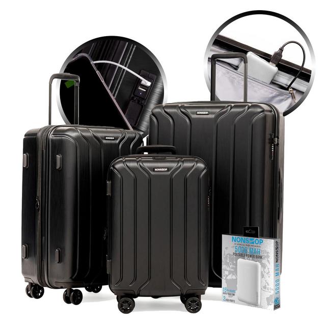 Nonstop New York 3 Piece Set 4-Wheel Luggage Set + PowerBank & 2 packing cubes, Black