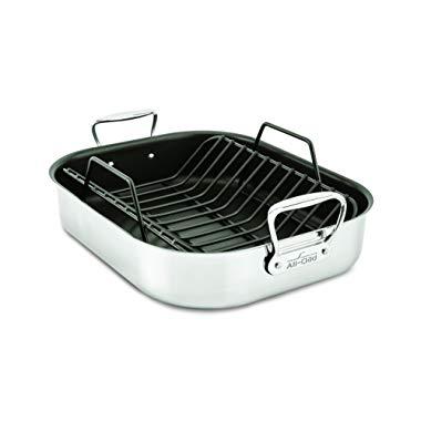 All-Clad E751S264 Stainless Steel Dishwasher Safe Large 13-Inch x 16-Inch PFOA Free Nonstick Roaster with Rack Cookware, 16-Inch, Silver