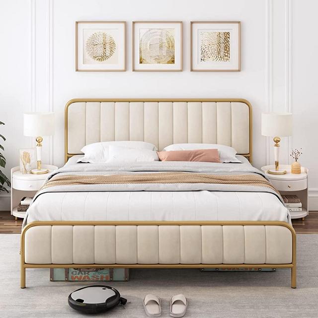HITHOS King Size Bed Frame, Upholstered Bed Frame with Button Tufted Headboard, Heavy Duty Metal Mattress Foundation with Wooden Slats, Easy Assembly, No Box Spring Needed (Golden/Off White, King)
