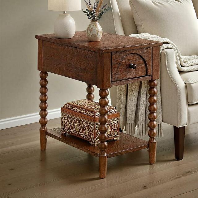 SAND STONE HOME Pembroke 24” Deep Rectangular Chairside End Table with Drawer, Shelf & USB Charging Station, Narrow Accent Table or Nightstand with Levelers – Oil Rubbed Bronze Hardware | Cocoa Brown