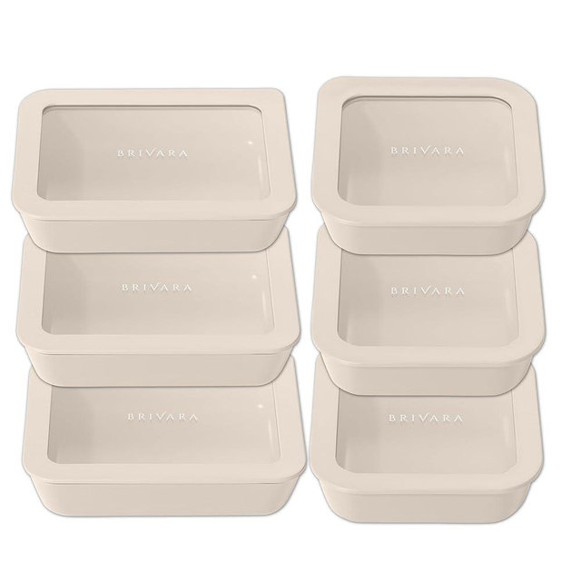 BRIVARA HOME Ceramic Coated Glass Food Storage Container | No PTFE, PFOA, PFAS, and BPA | Reusable Non Toxic Meal Prep Container with Glass Lid | Easy To Store | 6 Piece Food Prep [Crema]