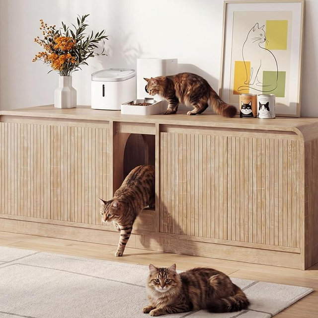 Homiflex Double Litter Box Enclosure with Litter Collector, 59in Cat Litter Box Enclosure for 2 Cats, Hidden Cat Furniture for Indoor Large Adult Cats, Cat House, Side/Entry Table, TV Stand, Natural