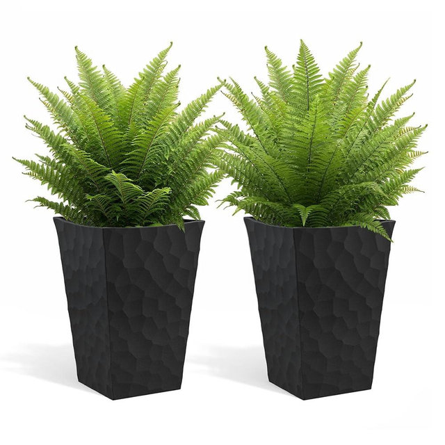Keter Stone Tapered Planter Set of 2, Tall 26.4‑Inch Resin Outdoor Flower Pots with Stone‑Look Finish and 12.2‑Gallon Capacity, Graphite