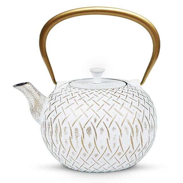 Tea Kettle, Toptier Japanese Cast Iron Tea Kettle for Stove Top, Stovetop Safe Teapot with Infusers for Loose Tea, 34 Ounce (1000 ml), White Melody
