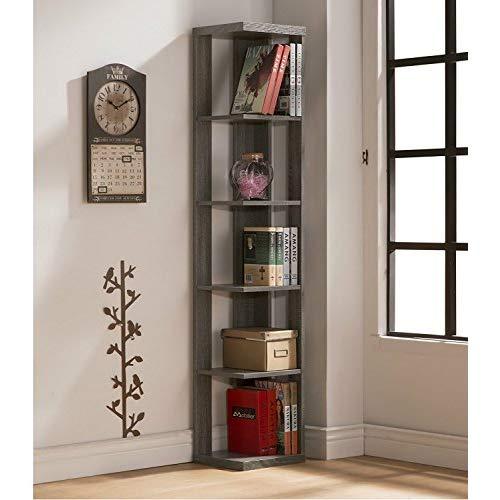 Weathered Grey Finish Wood Wall Corner 5-Tier Bookshelf Bookcase