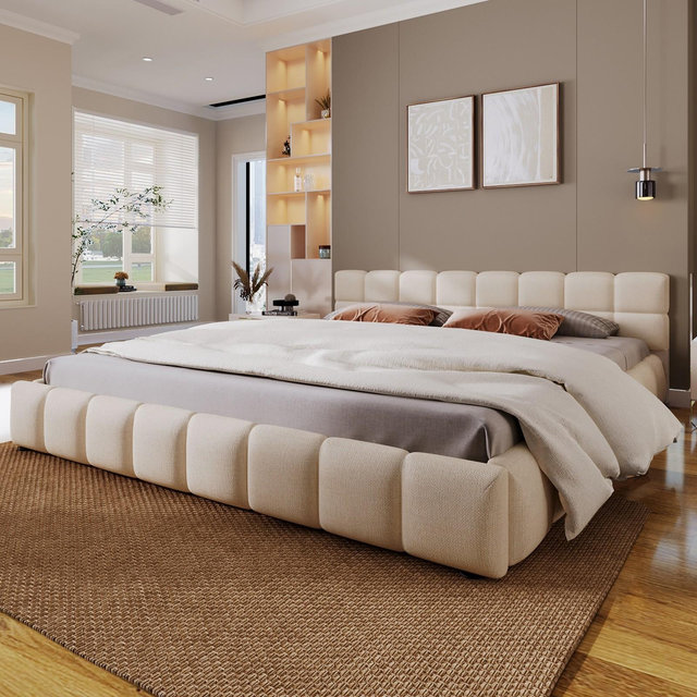 Christopher Knight Home Beryl Checkerboard Design Chenille Upholstered Bed, Beige, King