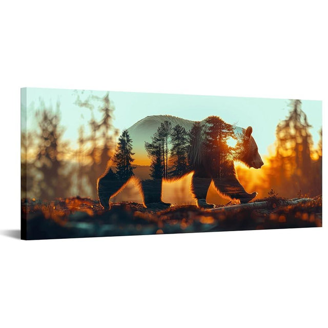 iKNOW FOTO Bear and Forest Canvas Wall Art - Double Exposure Wildlife Photography - Rustic Cabin Decor - Woodland Animal Canvas Prints - Panoramic Pictures for Office, Living Room 20x48