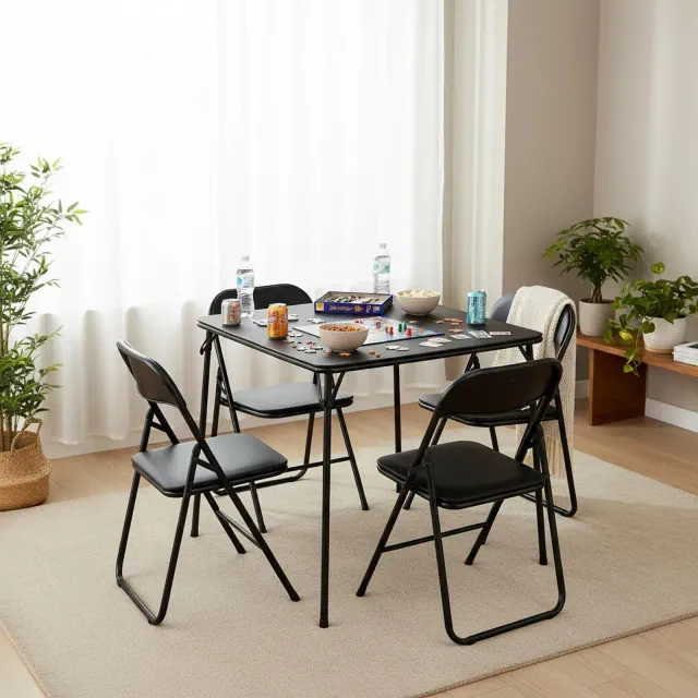 Homy Casa Square Folding Card Table, Portable Folding Table with Easy-Clean PVC Top for Dining, Games & Multi-Purpose Use, Black
