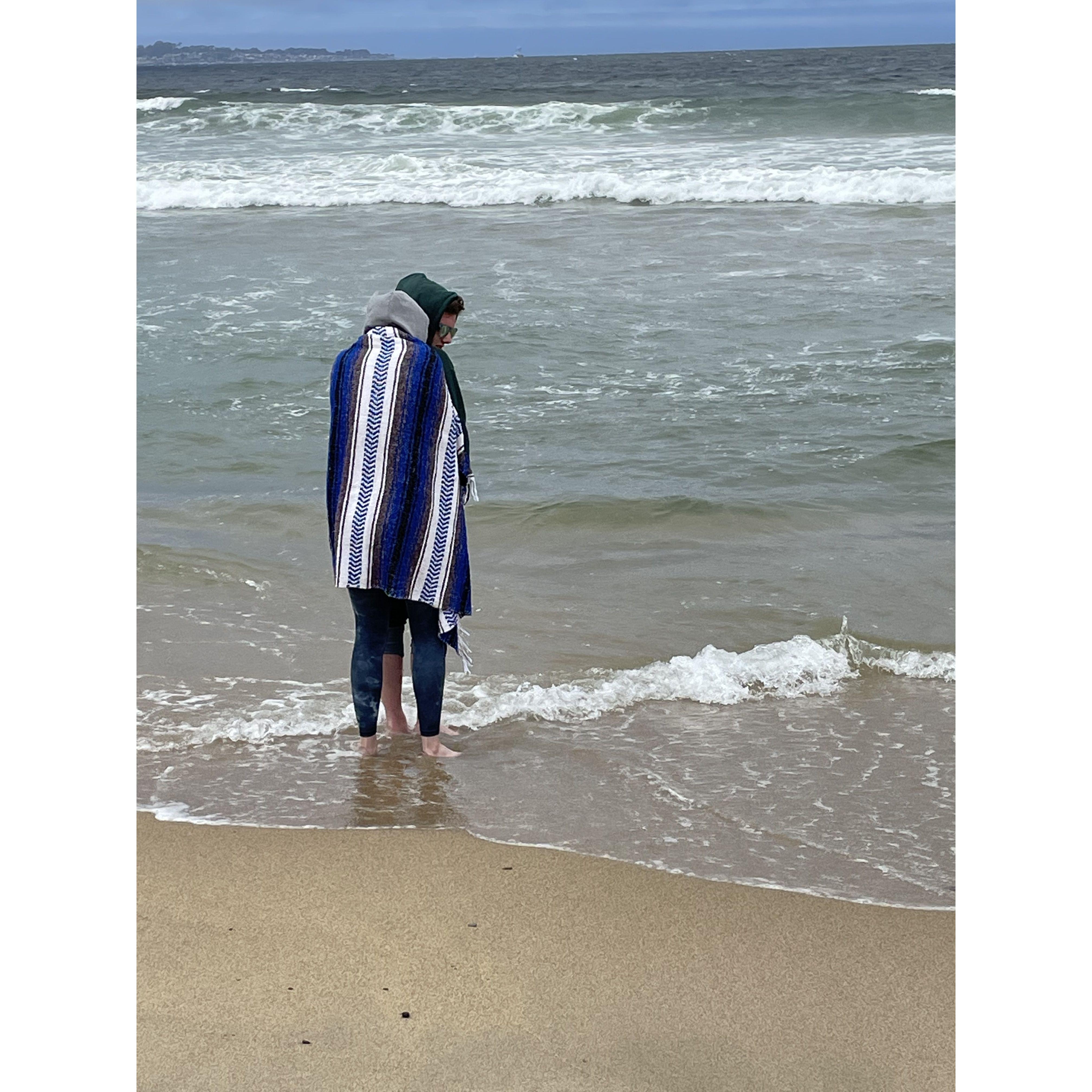 Katherine's brother David wanted to plunge in the ocean after the marathon. But Katherine had already gone stiff and cold so Ryan carried her over most of the beach and back.