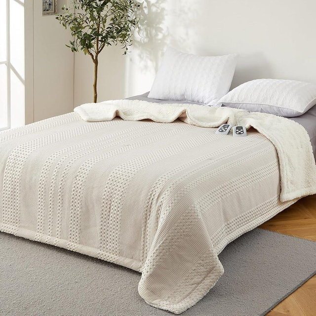 Heated Blanket Electric Queen 84"*90", Dual Control Waffle Weave Sherpa Heating Throw with 9 Heating Levels, 1-12 Hours Timer Auto Off, Machine Washable, Gift Suit for Couch Bed Sofa Home Office