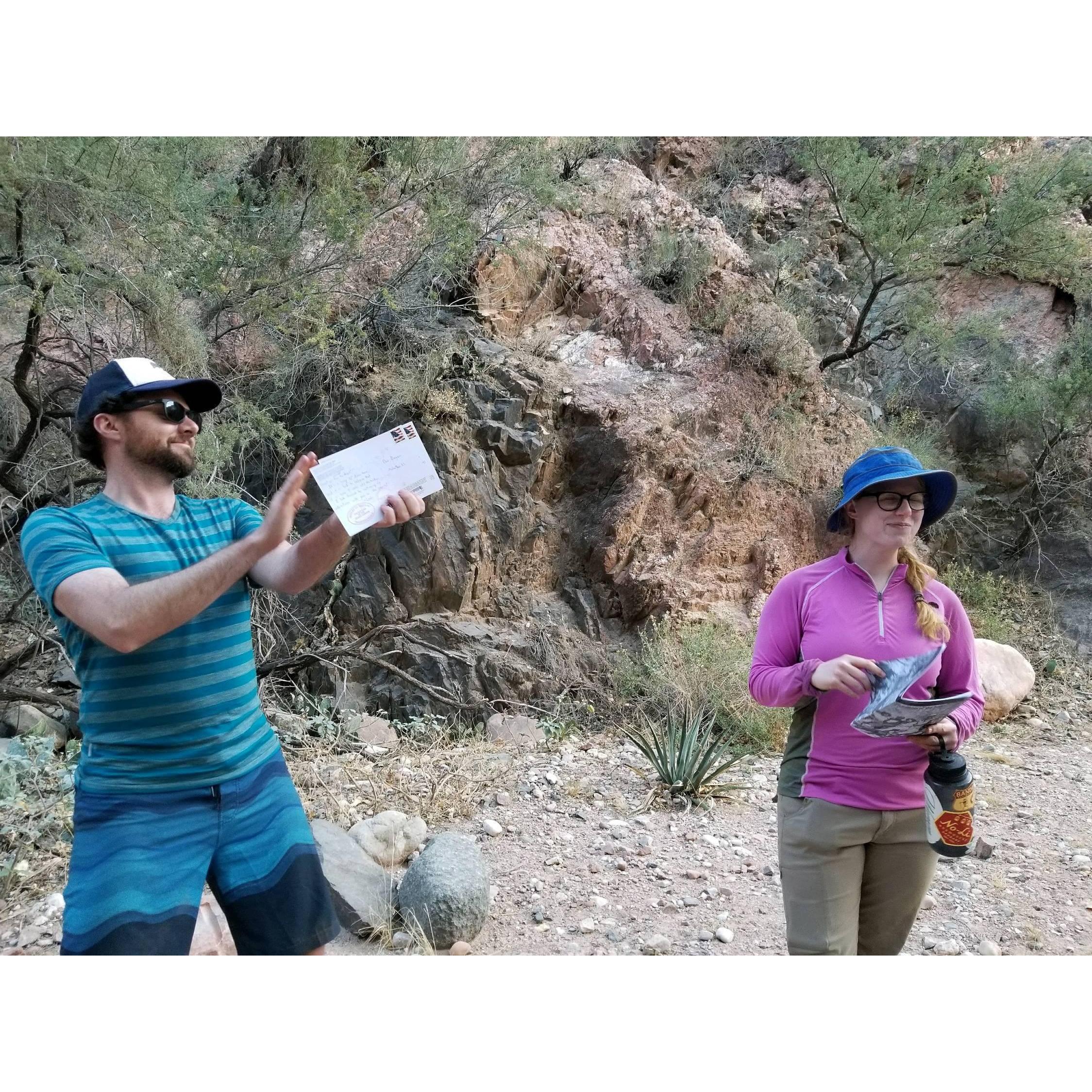 Erin caught this early photo of Ann and Landis when they first met at the Grand Canyon! This was a silly interpretive walking tour they gave at Phantom Ranch!