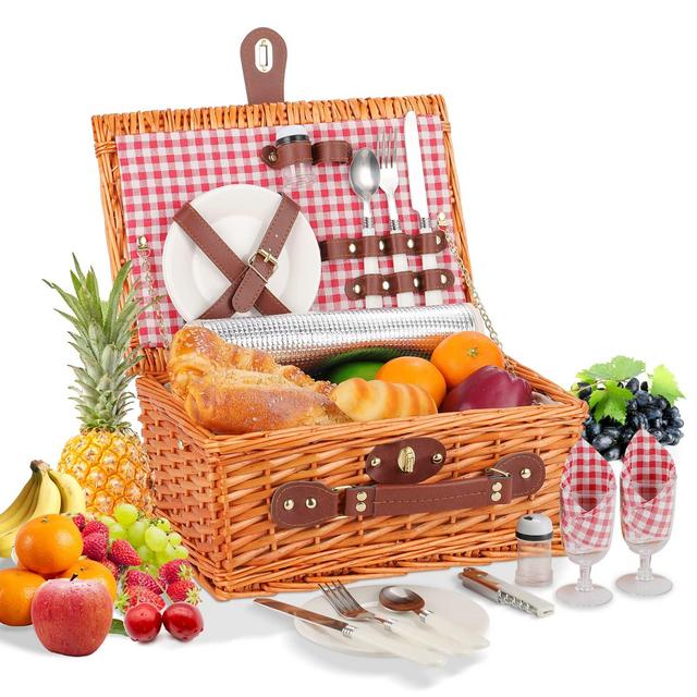 HYBDAMAI Willow Picnic Basket Set for 2 Persons with Insulated Cooler Compartment, Wicker Picnic Basket for Camping, Outdoors, Valentine's Day, Christmas, Thanksgiving, Birthday