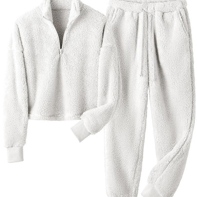 GTLIAE Fluffy Pajamas Sets for Women 2 Piece Fuzzy Half Zip Loungewear Elastic Waist Joggers Warm Jammies
