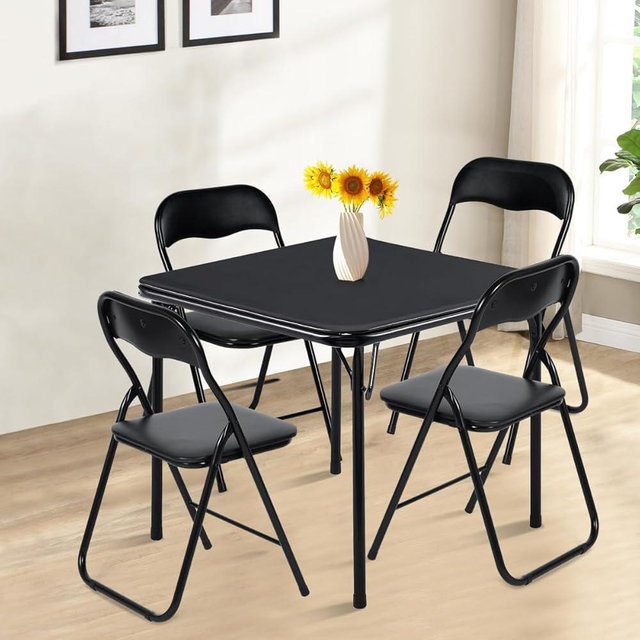 FurnitureR Folding Table Set for 4 Person, 5 Pieces Foldable Square Card Table and Chairs Set, No Assembly Required, Space Saving for Home Small Spaces, Patio Outdoor, Black
