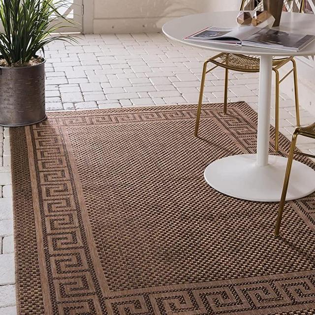 Unique Loom Outdoor Collection Transitional Indoor & Outdoor Casual Greek Key Border Area Rug, 7 ft x 10 ft, Brown/Light Brown