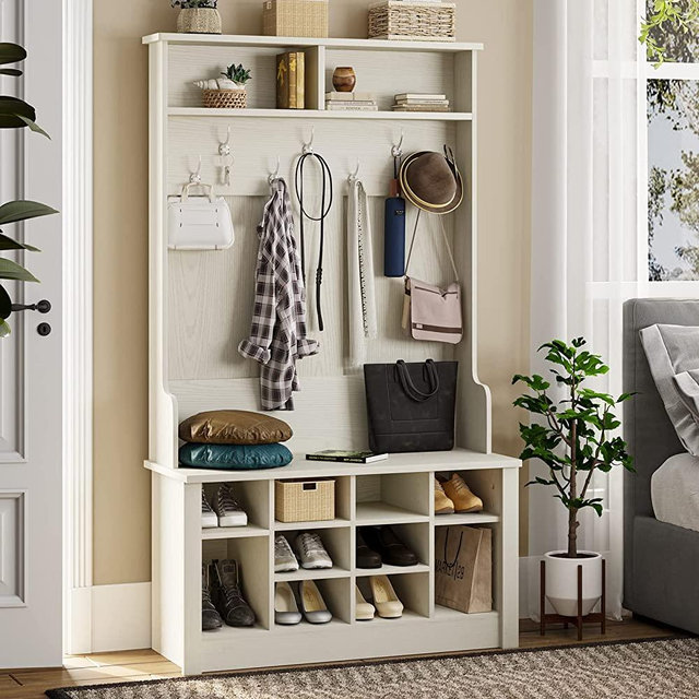 Itaar Hall Tree with Storage Bench, 3-in-1 Entryway Bench with Coat Rack, Hall Tree with Bench and Shoe Storage, Hall Tree with Adjustable Shoe Storage and Hanging Hooks, White