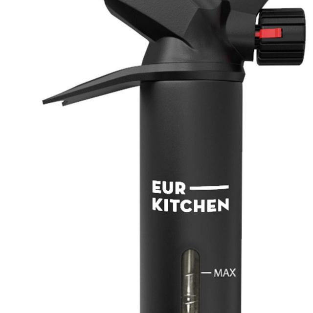 EurKitchen Premium Culinary Butane Torch with Gauge, Safety Lock, Adjustable Flame, Guard- Refillable Cooking Torch Lighter for Creme Brulee, BBQ, Baking, Soldering, Crafts- Butane Gas Not Included