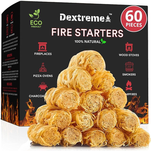 Dextreme Fire Starter (60 PCS) Natural Fire Starters for Campfire, Charcoal Starter, Fireplace, Wood Stove, BBQ, Chimney, Fire Pit, and Grill | All Weather, Odorless, Non-Toxic, w/10 Min Burning Time