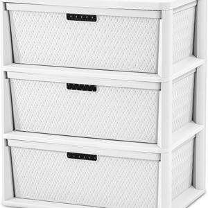 Wide 3-Drawer Plastic Storage Tower, Cross-Weave Decorative Organizer Chest with Removable Bins and Easy-Pull Handles for Closet, Bedroom, Dorm, and Office, White