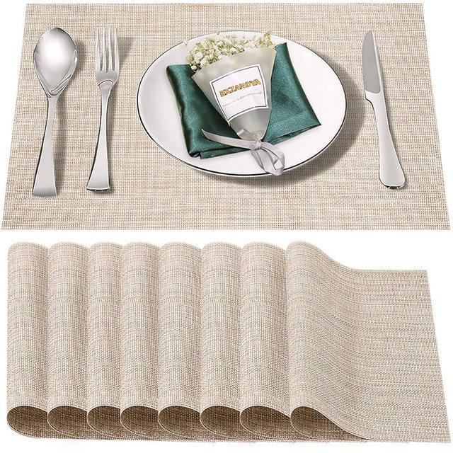 Bxzandya Placemats Set of 8,Washable,Heat and Stain Resistant Indoor/Outdoor Place mats, Vinyl Woven Non Slip Table Mats for Restaurant Table Protection, PVC Table Placemats.(Beige White,8PCS)