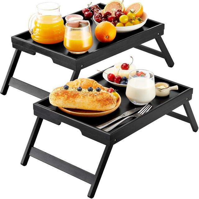Pipishell Bamboo Bed Breakfast Tray with Foldable Legs, Handles, Ideal for Kids, Couples, Sofa, Eating, Working, Used As Laptop Desk Snack Table - 2 Pack Black