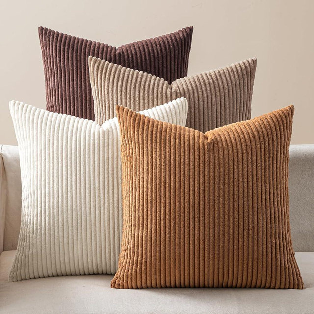 EMEMA Brown Decorative Throw Pillow Covers for Couch Bed Livingroom 18x18 Inch Set of 4 Boho Farmhouse Corduroy Striped Square Pillow Case,Western Modern Cushion Covers Home Decor
