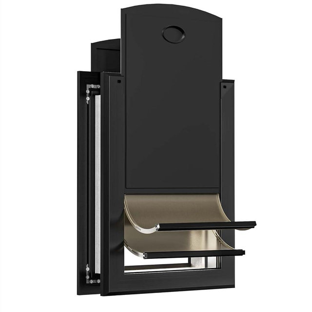 [Classicmacher] Heavy Duty Dog Door with Double Sliding Lock Panel, Aluminum Large Doggie Door for Exterior Door, Magnetic Double Flaps Dog Door for L arge and Medium Dog Up to 100 Lbs (Large,Black)