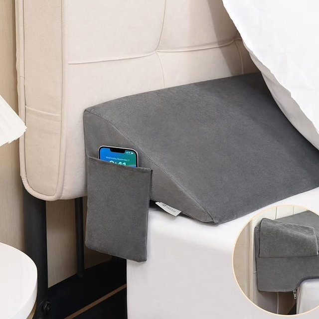 Vekkia Full Bed Wedge Pillow for Headboard Gap Filler(0-5"),High-Density Foam,Prevents Pillows & Items from Falling,Ergonomic Design,Large Storage Pockets, Removable&Washable Cover,Gray,54''x10 x6