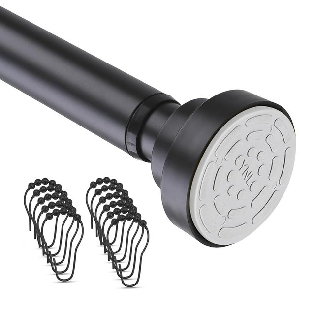YNL Shower Curtain Rod 34-82 Inches with 12Pcs Shower Curtain Rings, Adjustable Black Shower Rod No Drilling, Non-Slip, Never Rust, Stainless Steel, Suitable for Bathroom Window Kitchen, Matte Black
