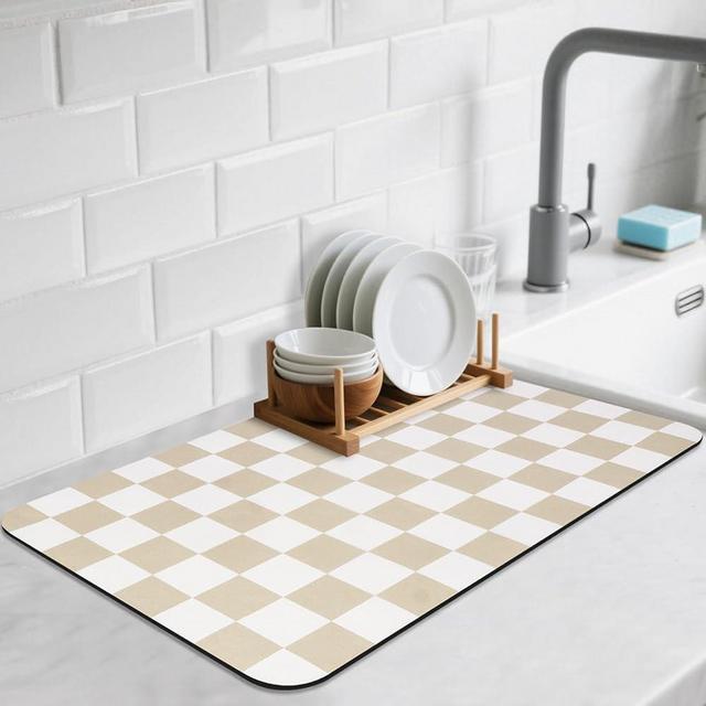 CooRug Checkered Dish Drying Mat for Kitchen Counter, Absorbent Non-Slip Coffee Mat, Heat Resistant Mat for Countertops Coffee Bar Decor 16" x 24" Khaki
