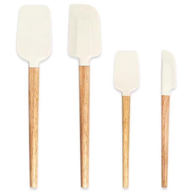 Silicone Spatula Set, 4 Piece Food Grade Rubber Spatula Nonstick Off-White Wooden Spatula, Spoonula, Jar Scraper for Cooking, Baking, Mixing, Frosting - Heat Resistant Up to 600°F（Dishwasher Safe ）