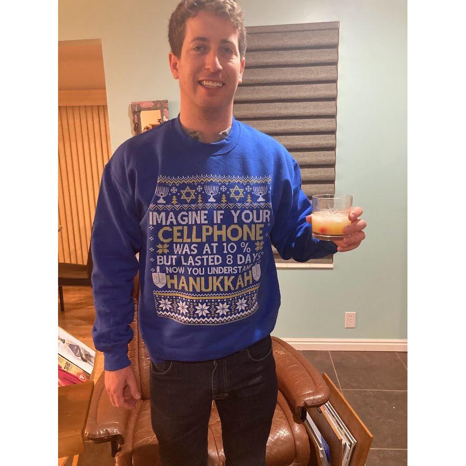 Outfitting Doug for the holidays with the Amazon purchase Colleen made while on call on transplant