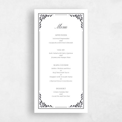 Ebony, White Wedding Menu - Thalia