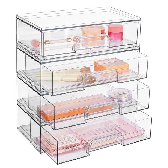 Vtopmart 12''W Stackable Storage Drawers, 4 Pack Clear Plastic Organizers Bins for Makeup Palettes, Cosmetics, and Beauty Supplies,Ideal for Vanity, Bathroom,Cabinet,Desk,Office Organization