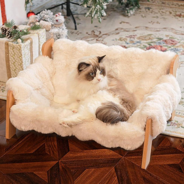 CHEERHOME PETS Elevated Cat Couch Bed for Indoor Cats, Wooden Cat Sofa with Removable Washable Fluffy Cover Raised Kitty Lounge Chair Suitable for Puppy(Cat Sofa Off-White)