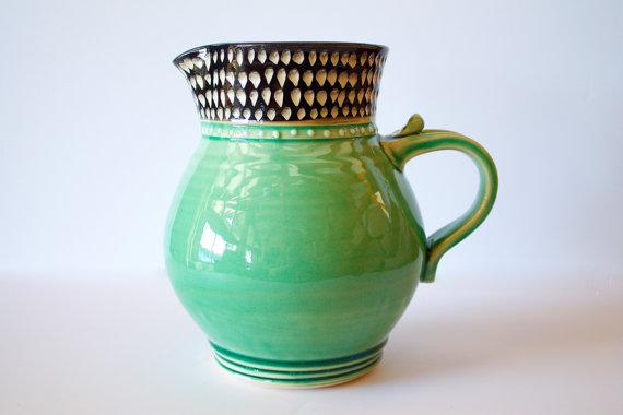 MADE TO ORDER...Ceramic Pitcher in Green with Black and White Rim, Handmade Wheel Thrown Pottery by RiverStone Pottery