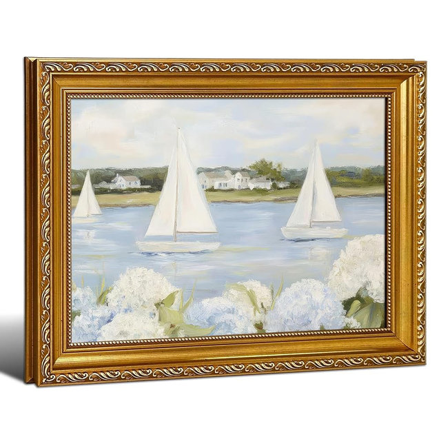 Gold Vintage Framed Coastal Wall Art - Sailboat Seascape Hydrangea Canvas Prints, Summer Ocean Aesthetic Decor for Living Room Bedroom Beach House, 9x11 Inch