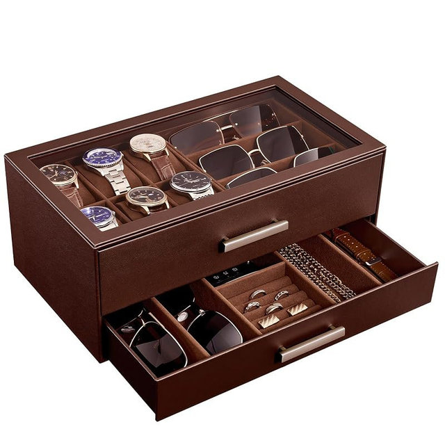 ProCase Mens Jewelry Box Pull-Out Drawer, 6 Slot Watch Case & 5 Slot Sunglasses Organizer, Fathers Day Gift for Dad, 2-Tier Leather Watch Box with Glass Display Top, Gift for Men & Women-Espresso