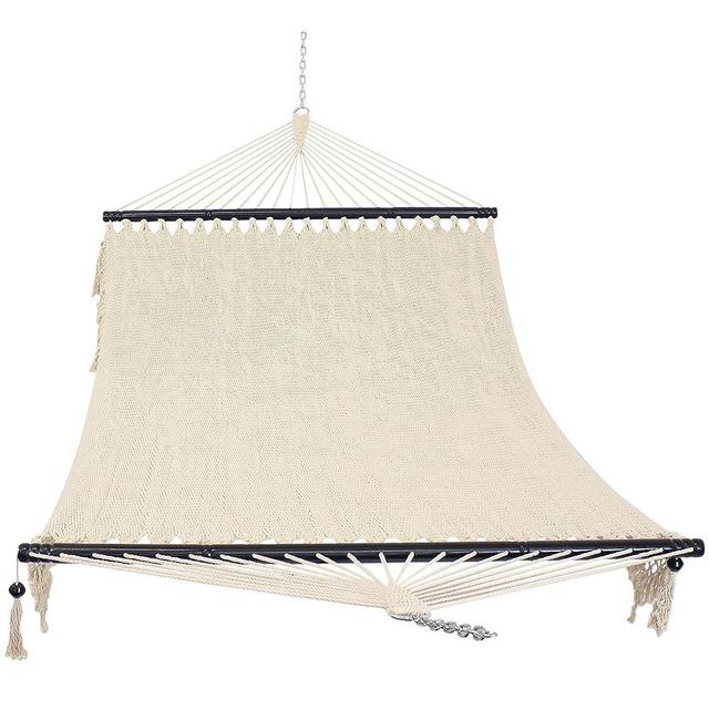 Sunnydaze Woven Double Hammock with Crocheted Edges and Spreader Bars - 600-Pound Weight Capacity - Natural