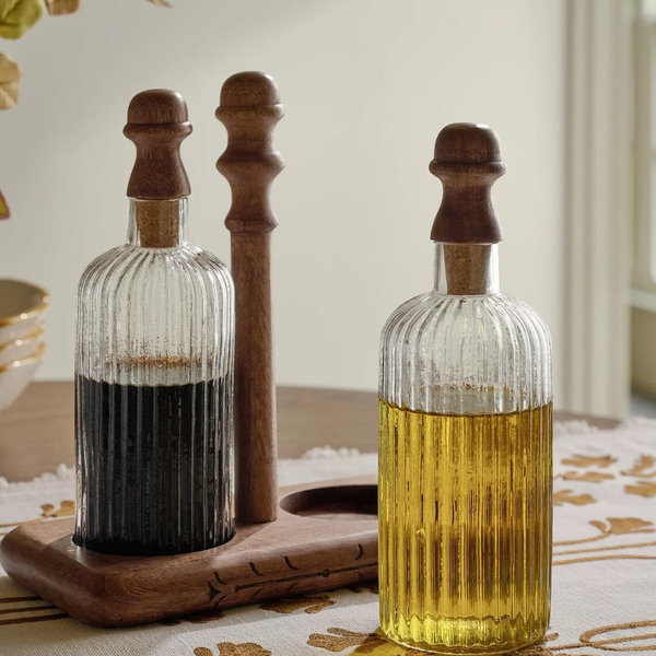 Antiqued Wood Ribbed Glass Oil & Vinegar Set